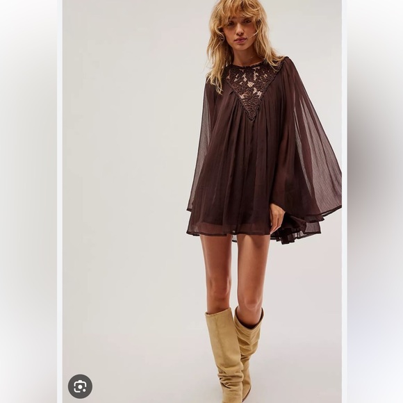 Free People Dresses & Skirts - Free People Sunshine Of Love Crochet Neck Sheer Statement Sleeve Mini Dress XS